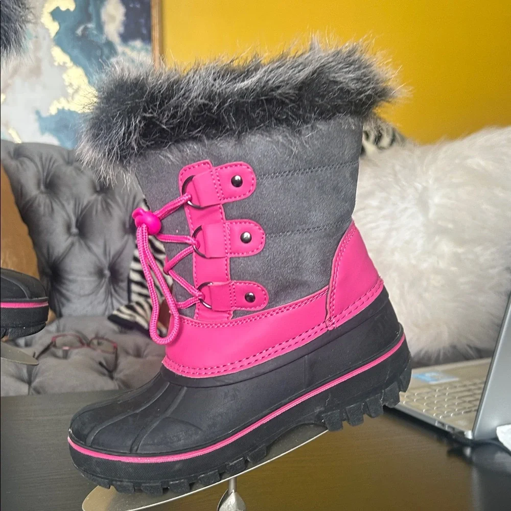 Pink and Gray Winter Boots with Faux Fur